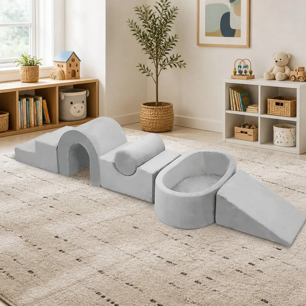 Kids Foam Blocks Play Set Grey Soft Indoor Toys 6 Piece Climb Crawl Slide