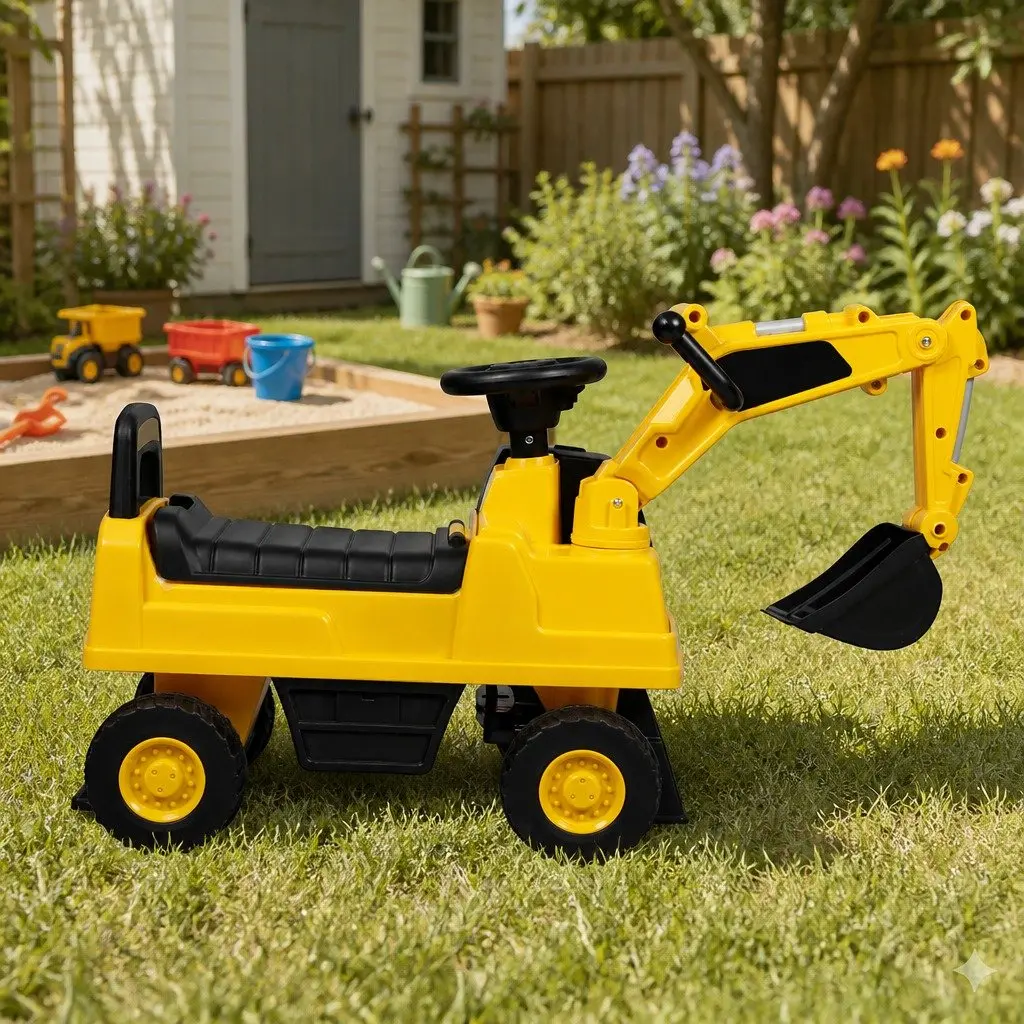 Kids Ride On Excavator Toy Yellow 75cm Interactive Joystick Control Suitable for 12-36 Months