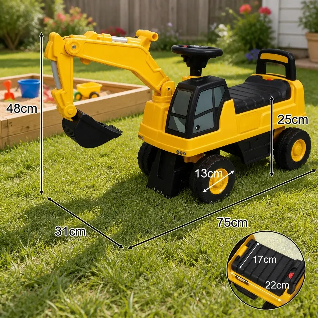 Kids Ride On Excavator Toy Yellow 75cm Interactive Joystick Control Suitable for 12-36 Months