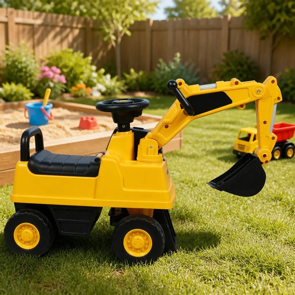 Kids Ride On Excavator Toy Yellow 75cm Interactive Joystick Control Suitable for 12-36 Months