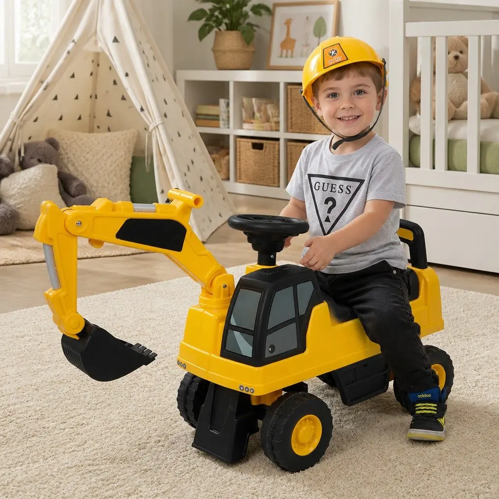 Kids Ride On Excavator Toy Yellow 75cm Interactive Joystick Control Suitable for 12-36 Months