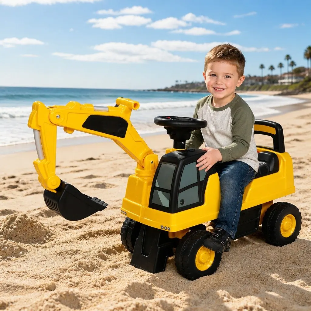 Kids Ride On Excavator Toy Yellow 75cm Interactive Joystick Control Suitable for 12-36 Months