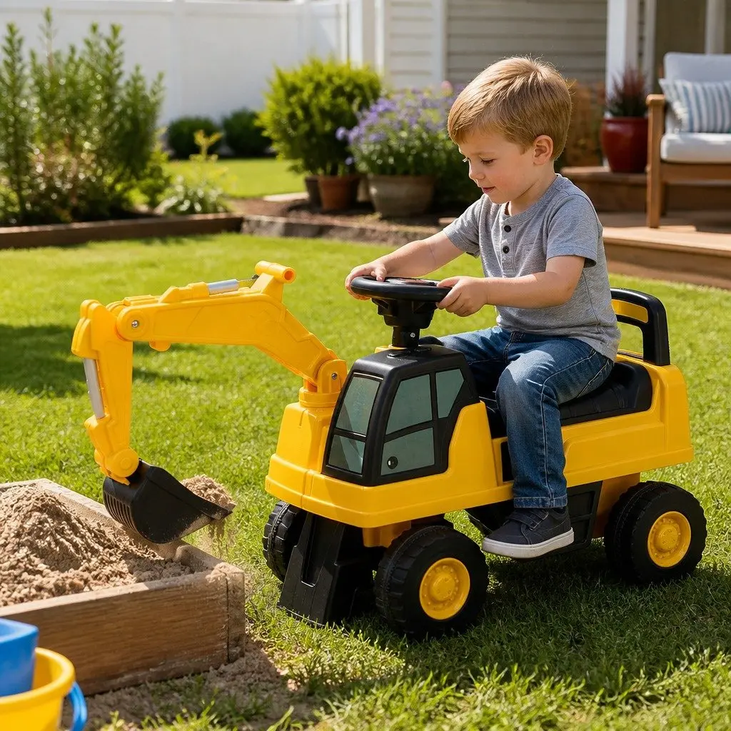 Kids Ride On Excavator Toy Yellow 75cm Interactive Joystick Control Suitable for 12-36 Months