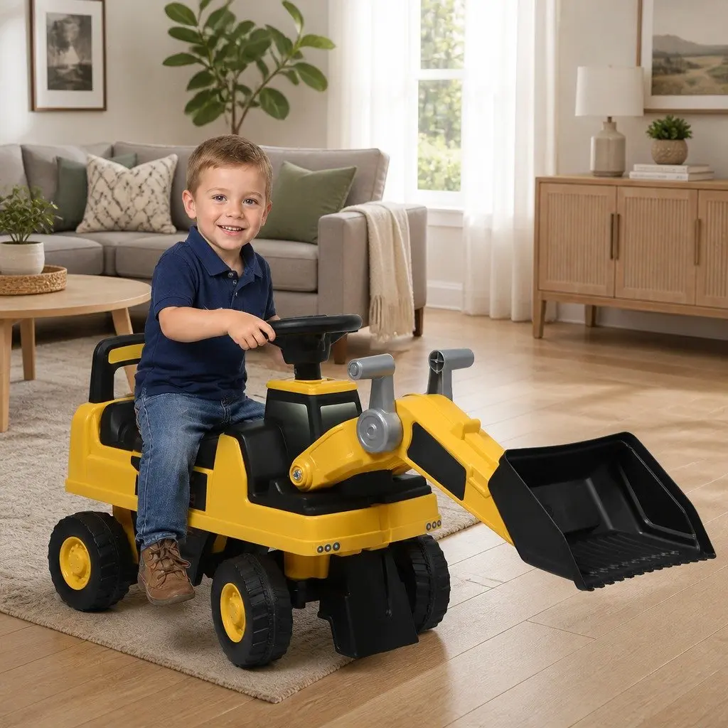 Kids Ride-On Excavator Toy Yellow Interactive Scoop Digger for Indoor Outdoor Play