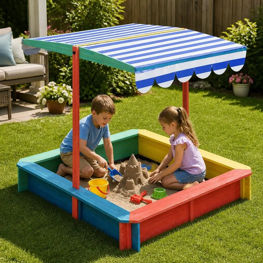 Kids Wooden Sandbox Natural 120x120cm UV Resistant Canopy Outdoor Play Pit