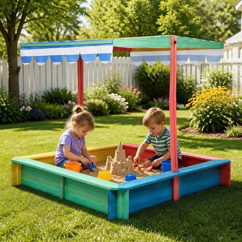 Kids Wooden Sandbox Natural 120x120cm UV Resistant Canopy Outdoor Play Pit