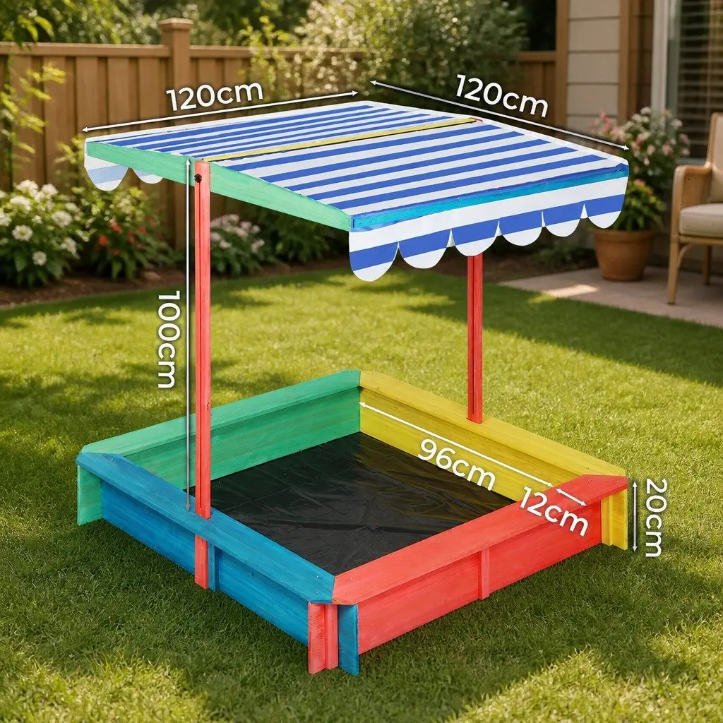 Kids Wooden Sandbox Natural 120x120cm UV Resistant Canopy Outdoor Play Pit