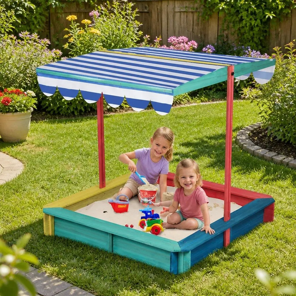 Kids Wooden Sandbox Natural 120x120cm UV Resistant Canopy Outdoor Play Pit