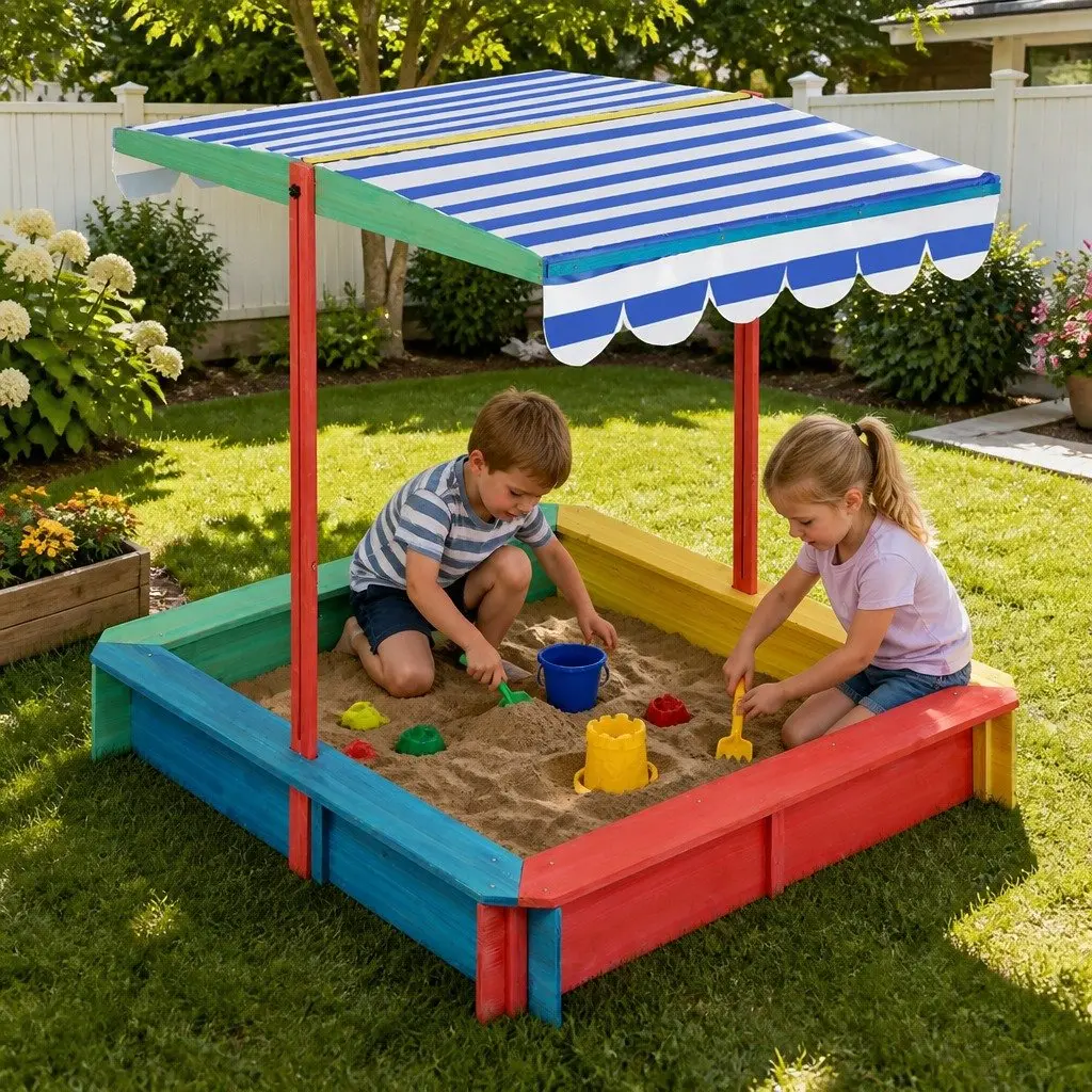 Kids Wooden Sandbox Natural 120x120cm UV Resistant Canopy Outdoor Play Pit