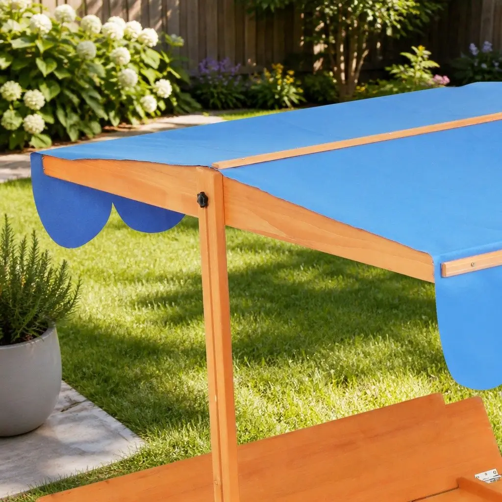 Wooden Sandbox Natural Large with Adjustable Canopy Foldable Bench Seats