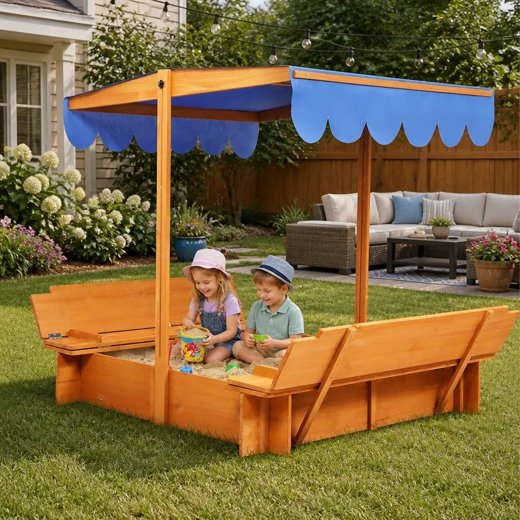 Wooden Sandbox Natural Large with Adjustable Canopy Foldable Bench Seats