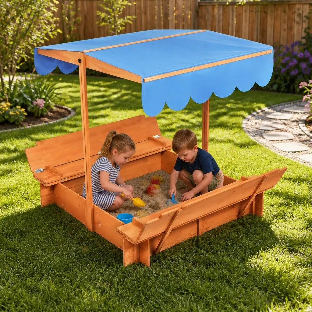 Wooden Sandbox Natural Large with Adjustable Canopy Foldable Bench Seats