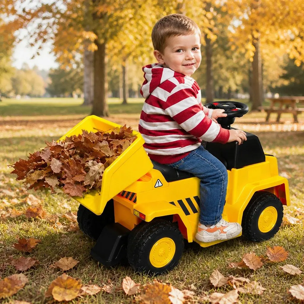 Kids Ride On Excavator Yellow Indoor Outdoor Toy with Adjustable Tipping Bucket and Lights