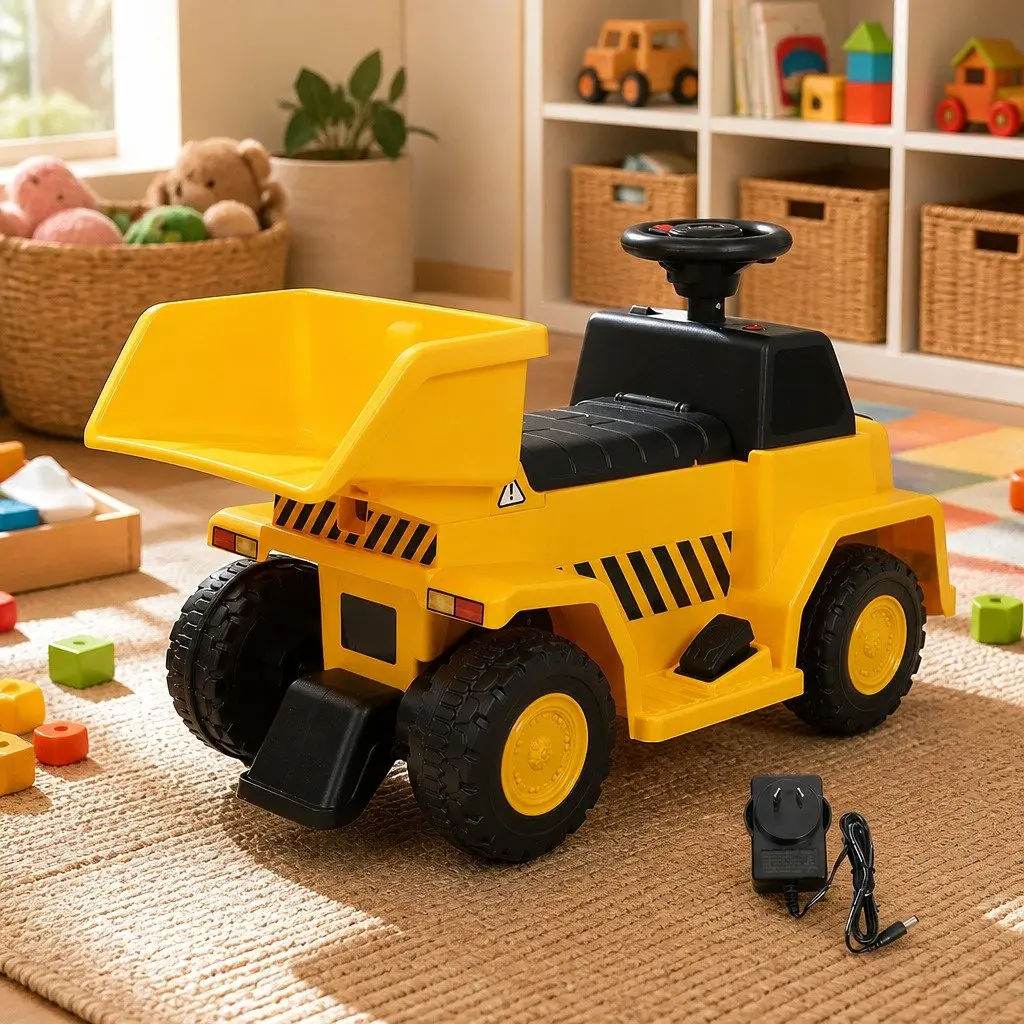 Kids Ride On Excavator Yellow Indoor Outdoor Toy with Adjustable Tipping Bucket and Lights