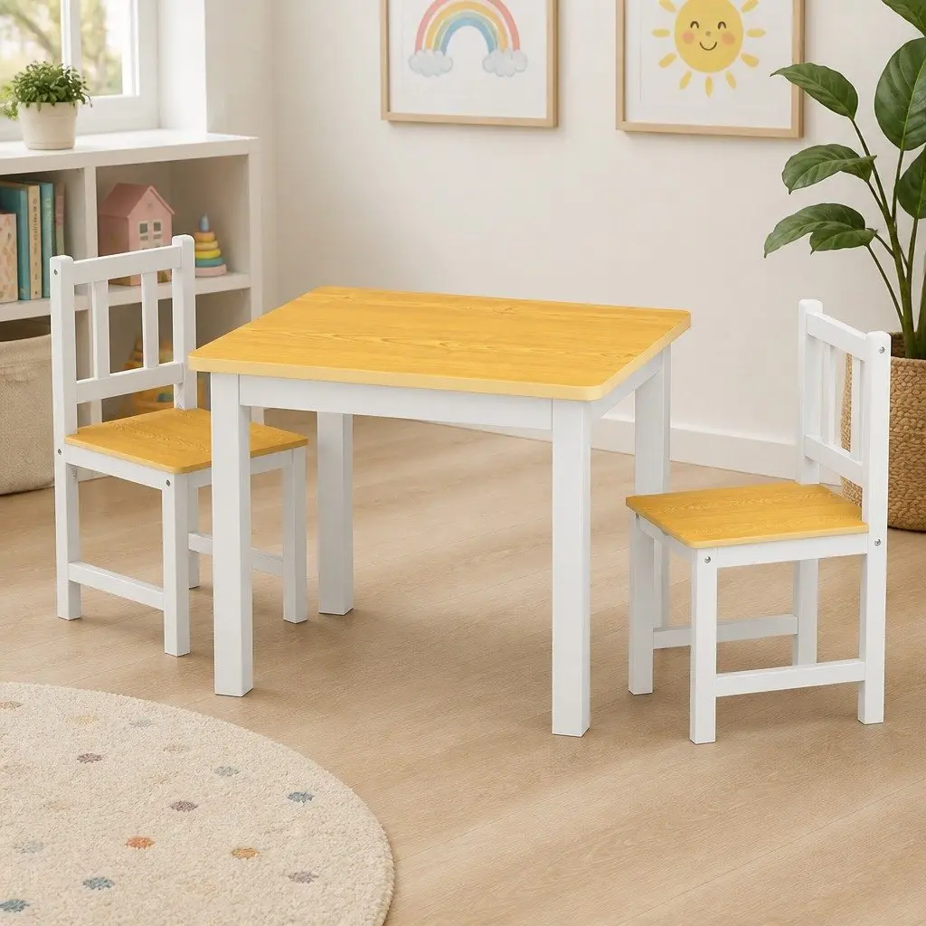 Kids Table and Chairs Set White 3PCS Wooden Study Activity Play Craft Art Station