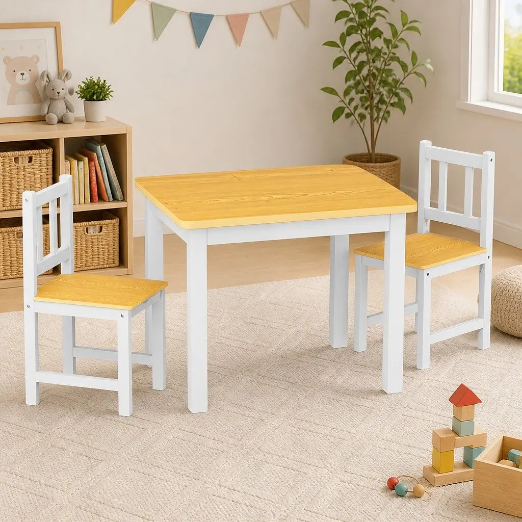 Kids Table and Chairs Set White 3PCS Wooden Study Activity Play Craft Art Station