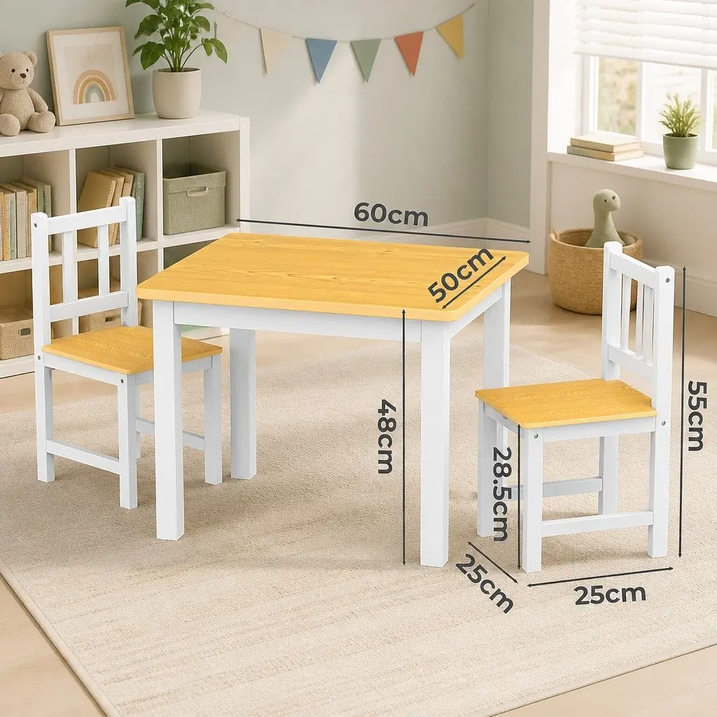 Kids Table and Chairs Set White 3PCS Wooden Study Activity Play Craft Art Station