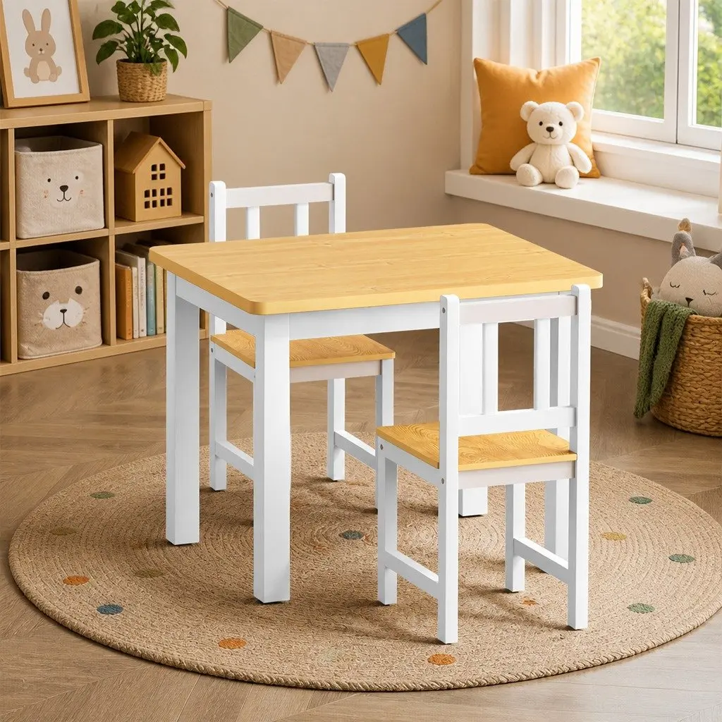 Kids Table and Chairs Set White 3PCS Wooden Study Activity Play Craft Art Station
