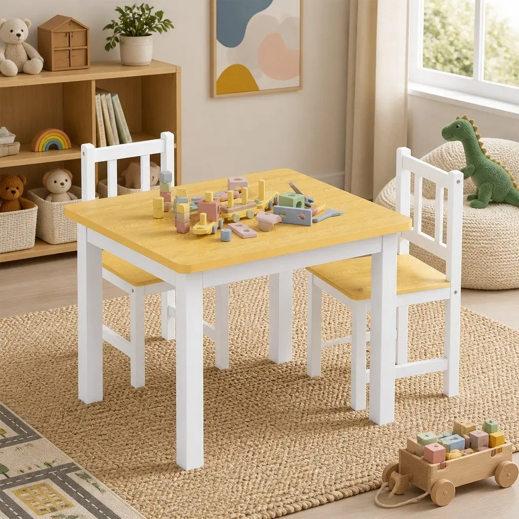Kids Table and Chairs Set White 3PCS Wooden Study Activity Play Craft Art Station