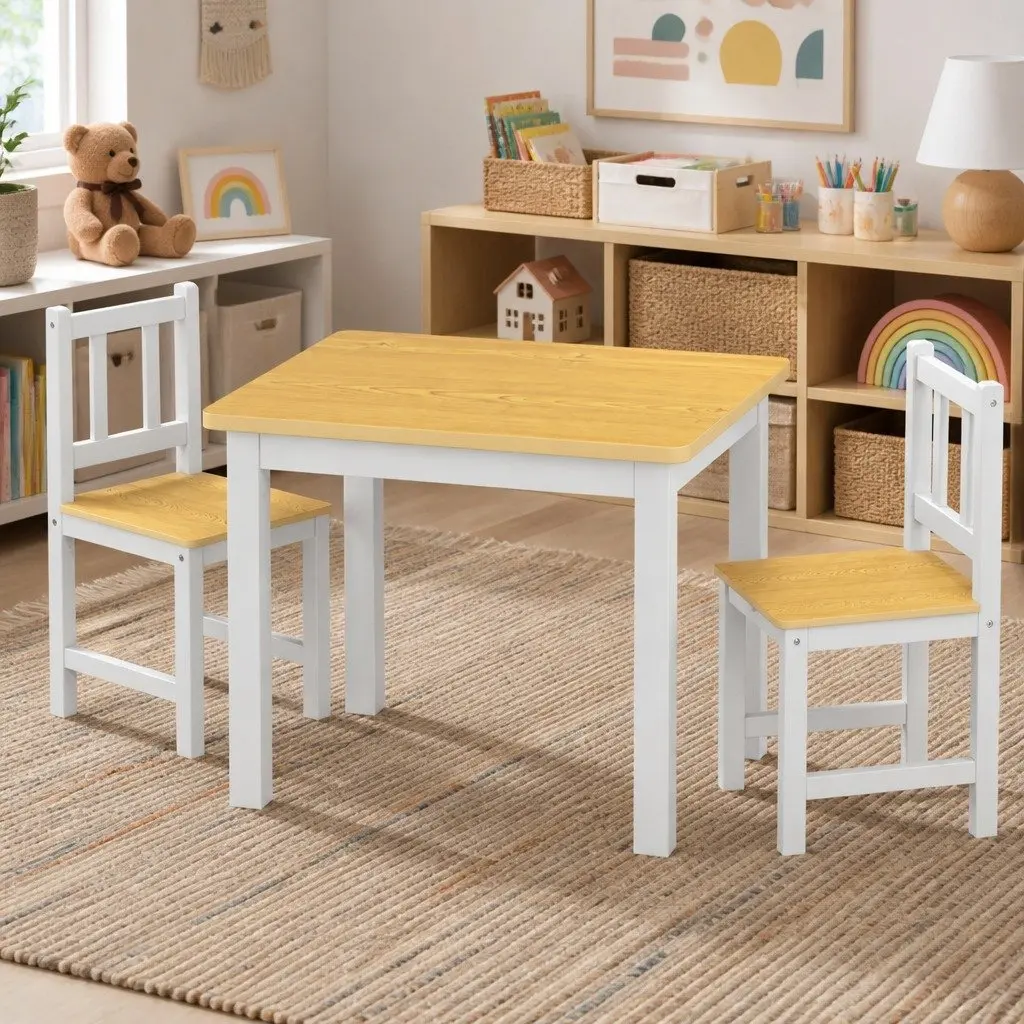 Kids Table and Chairs Set White 3PCS Wooden Study Activity Play Craft Art Station