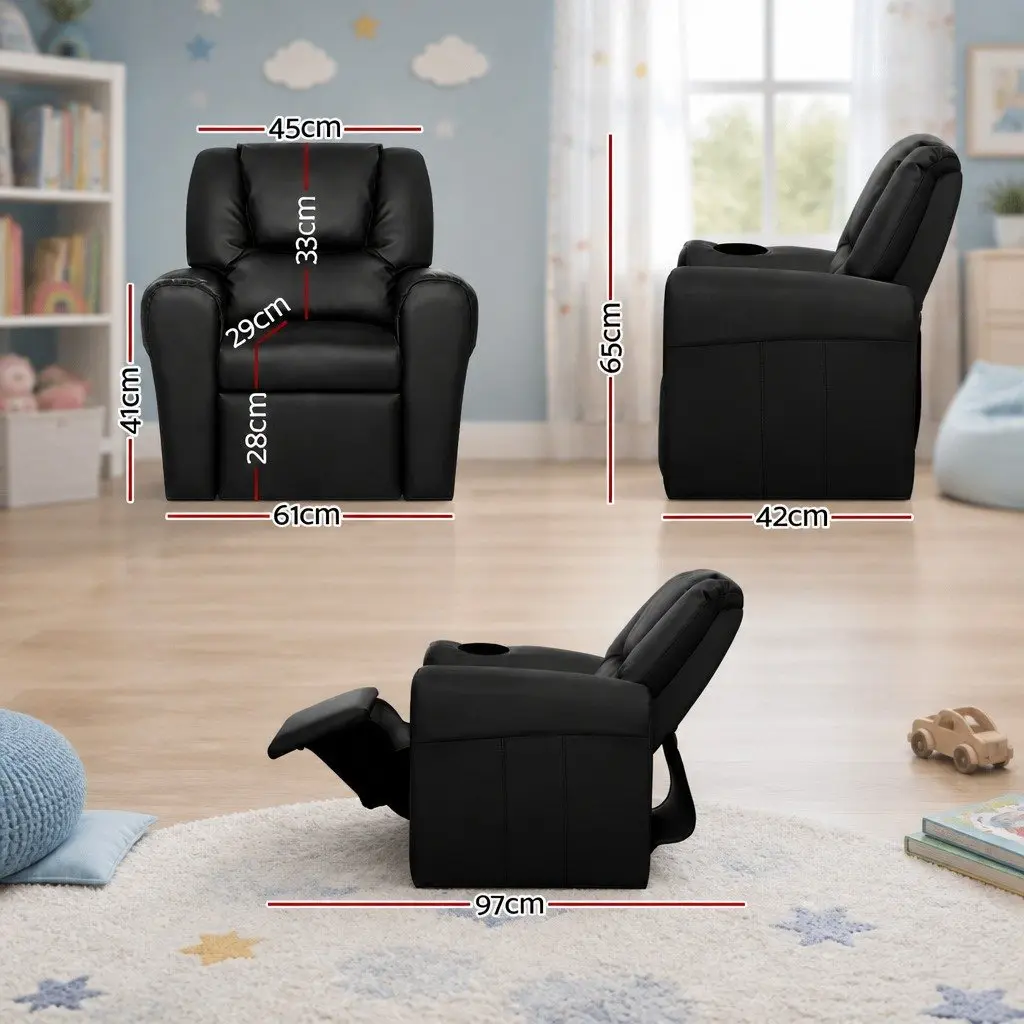 Kids Recliner Chair Black PU Leather Upholstery with Cup Holder and Plush Cushioning