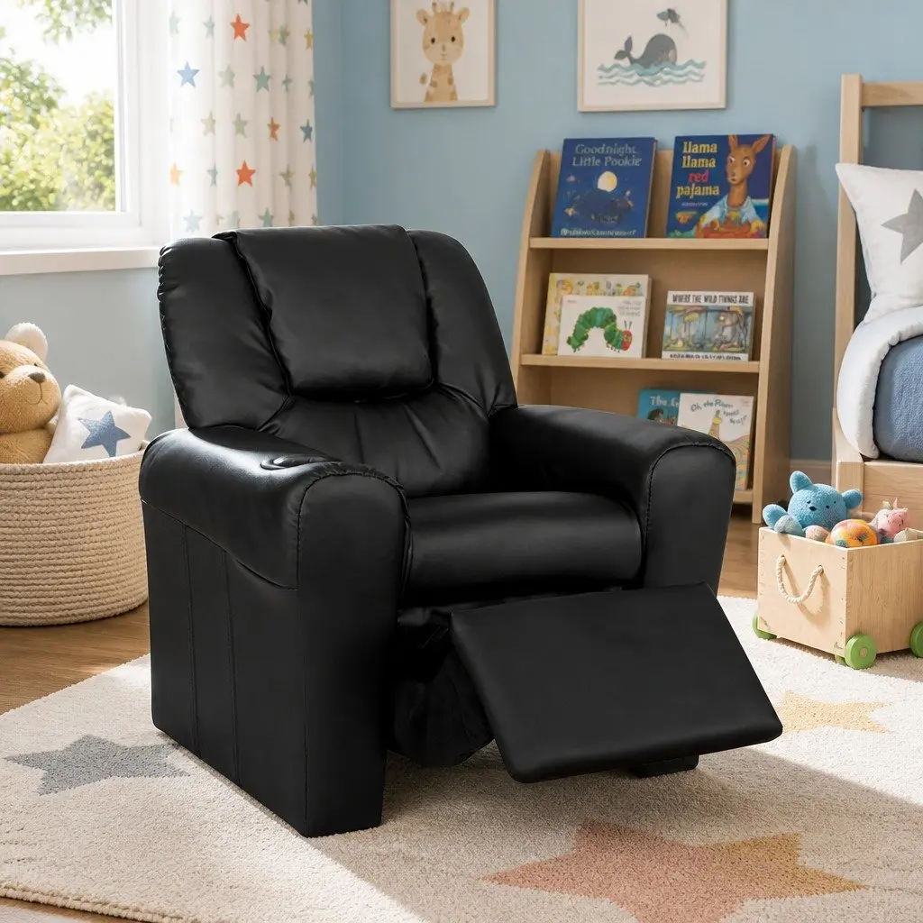 Kids Recliner Chair Black PU Leather Upholstery with Cup Holder and Plush Cushioning