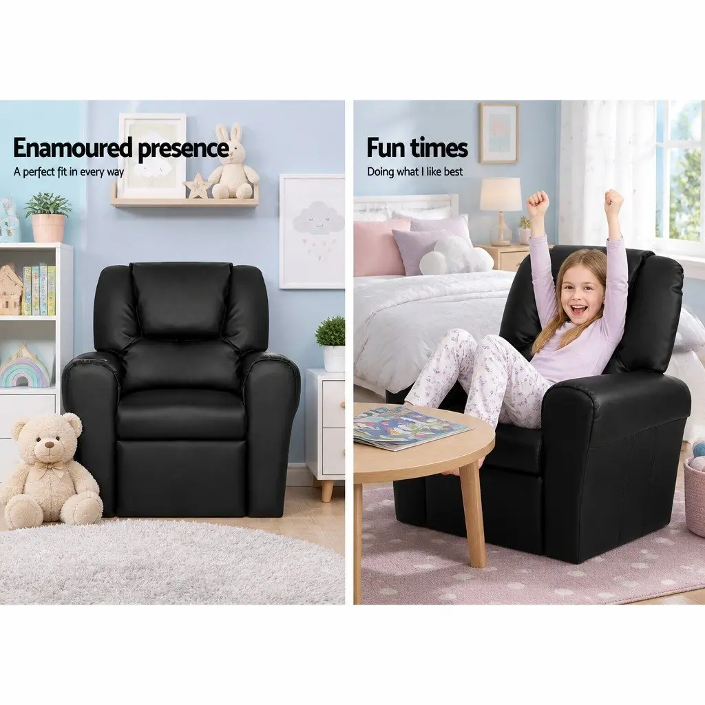 Kids Recliner Chair Black PU Leather Upholstery with Cup Holder and Plush Cushioning