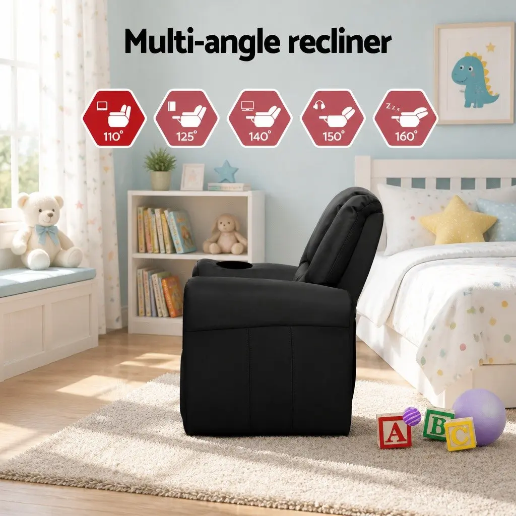 Kids Recliner Chair Black PU Leather Upholstery with Cup Holder and Plush Cushioning