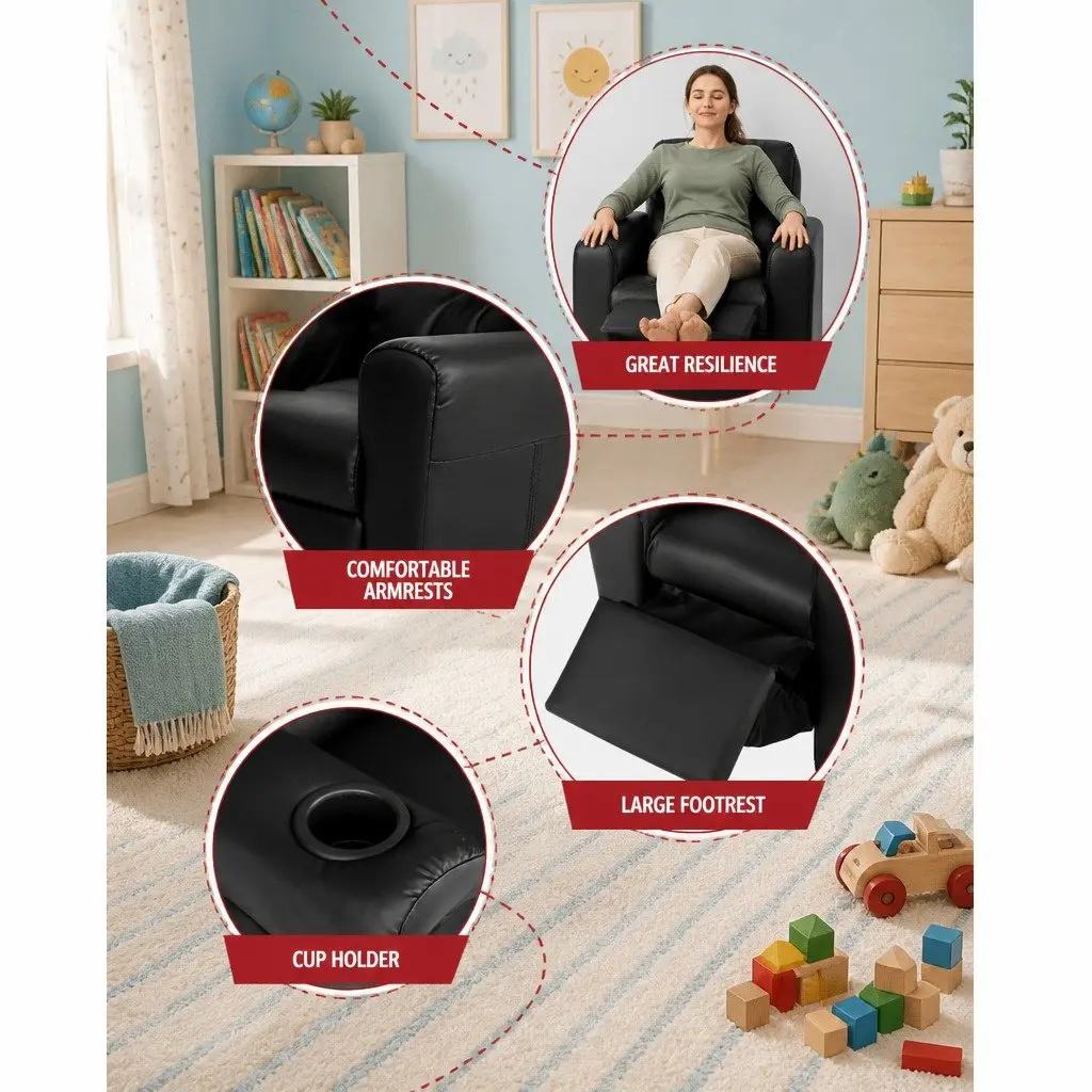 Kids Recliner Chair Black PU Leather Upholstery with Cup Holder and Plush Cushioning
