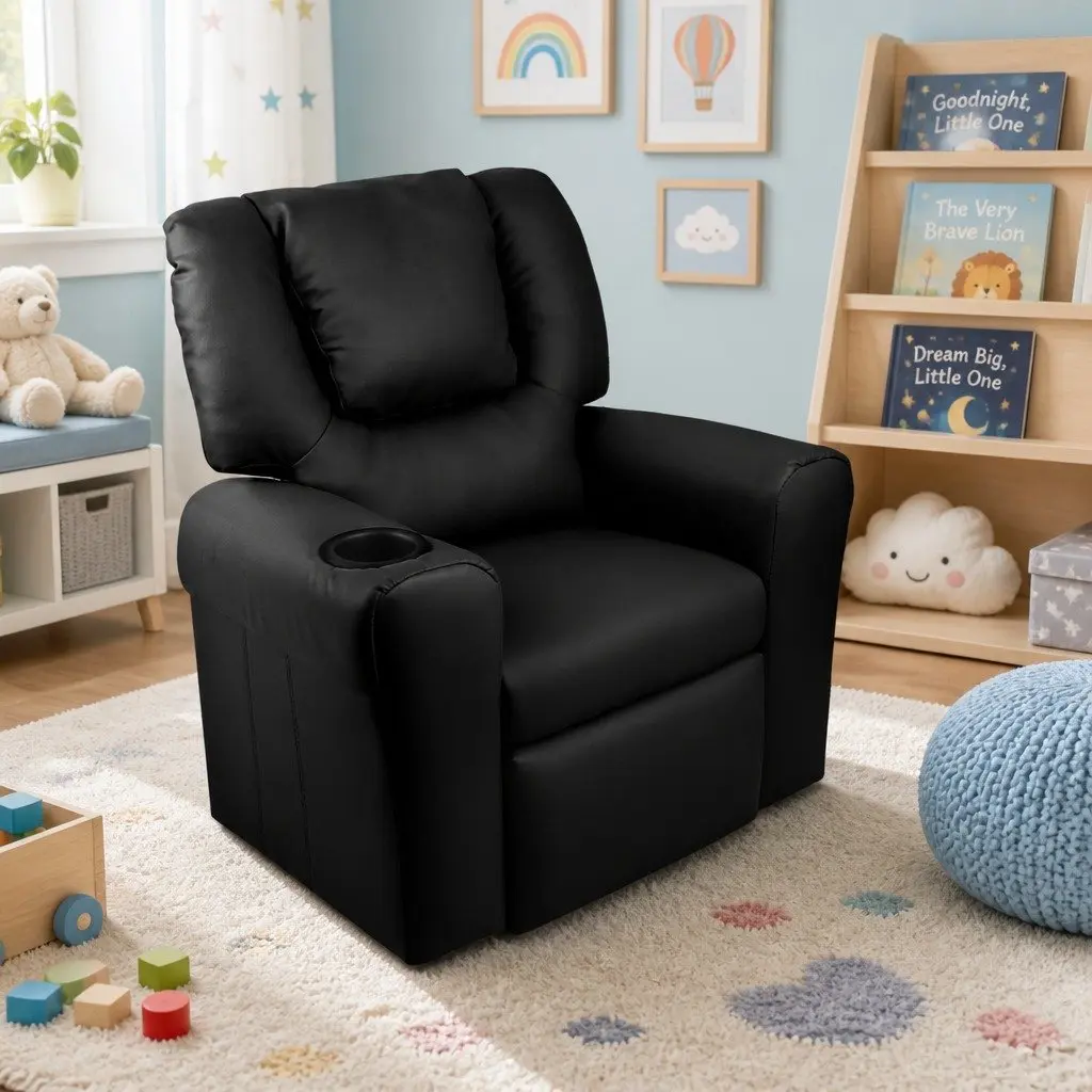 Kids Recliner Chair Black PU Leather Upholstery with Cup Holder and Plush Cushioning