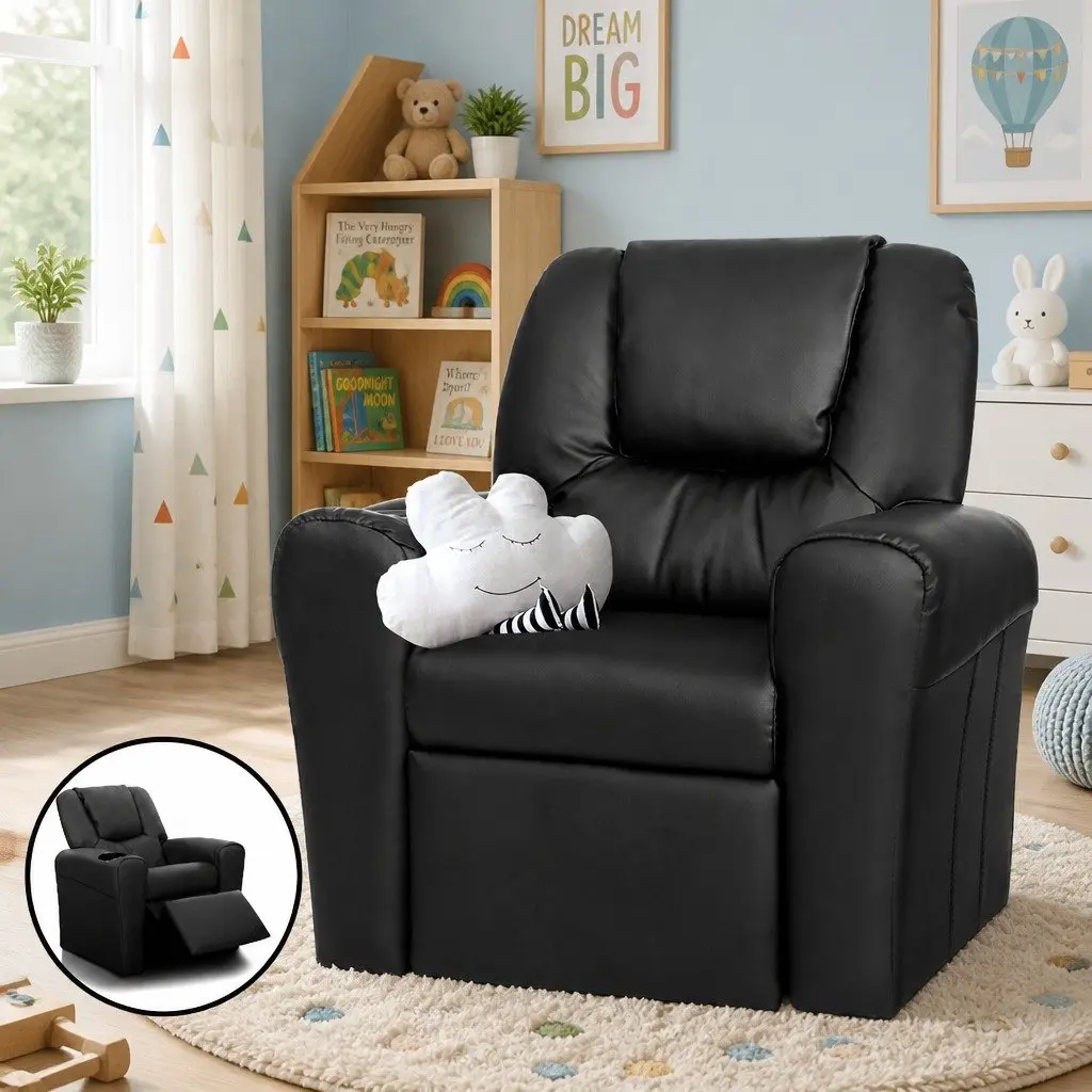 Kids Recliner Chair Black PU Leather Upholstery with Cup Holder and Plush Cushioning