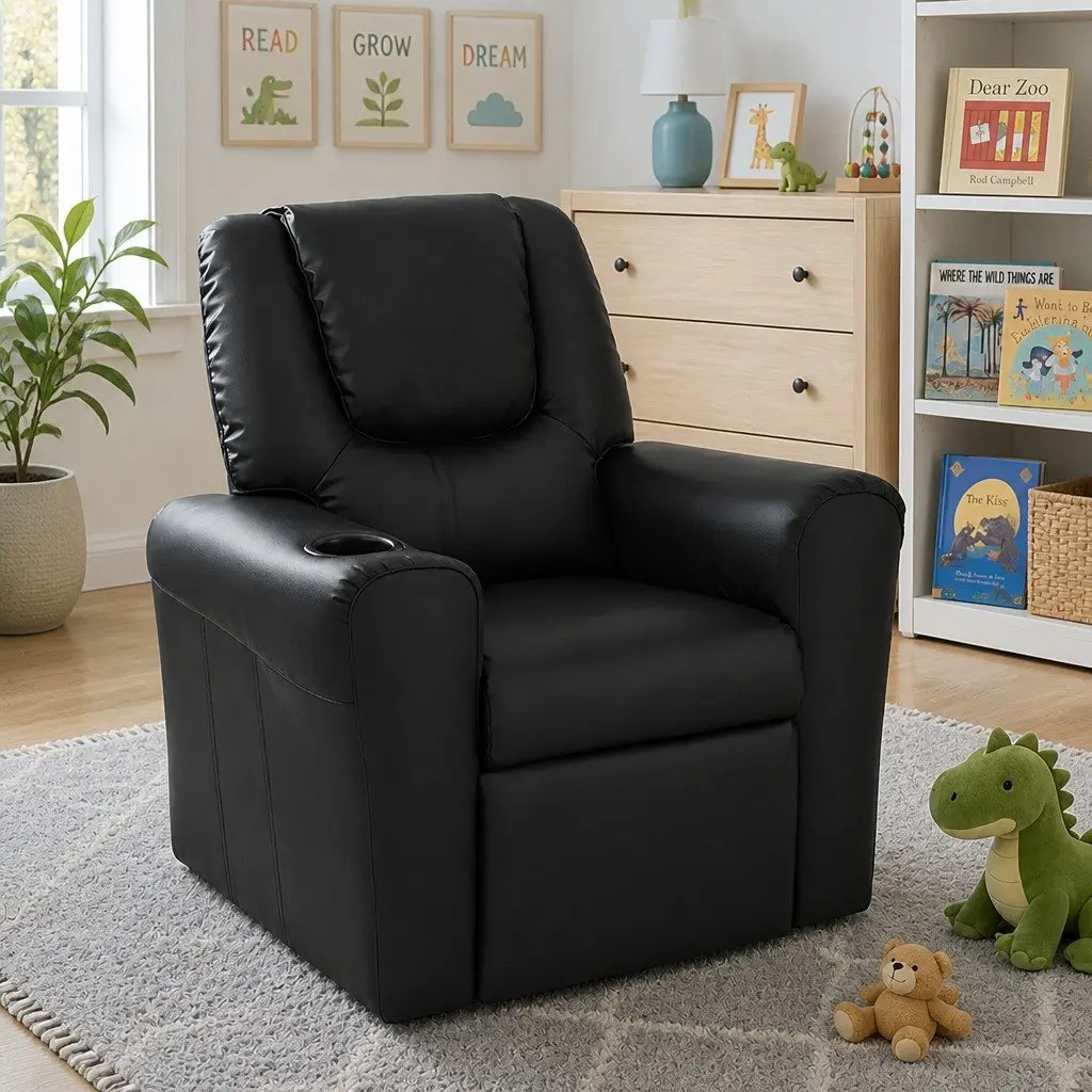 Kids Recliner Chair Black PU Leather Upholstery with Cup Holder and Plush Cushioning