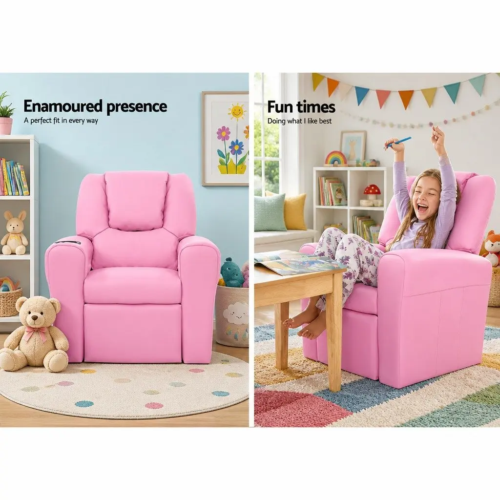 Kids Recliner Chair Pink PU Leather Sofa Lounge Couch Children Armchair Relax