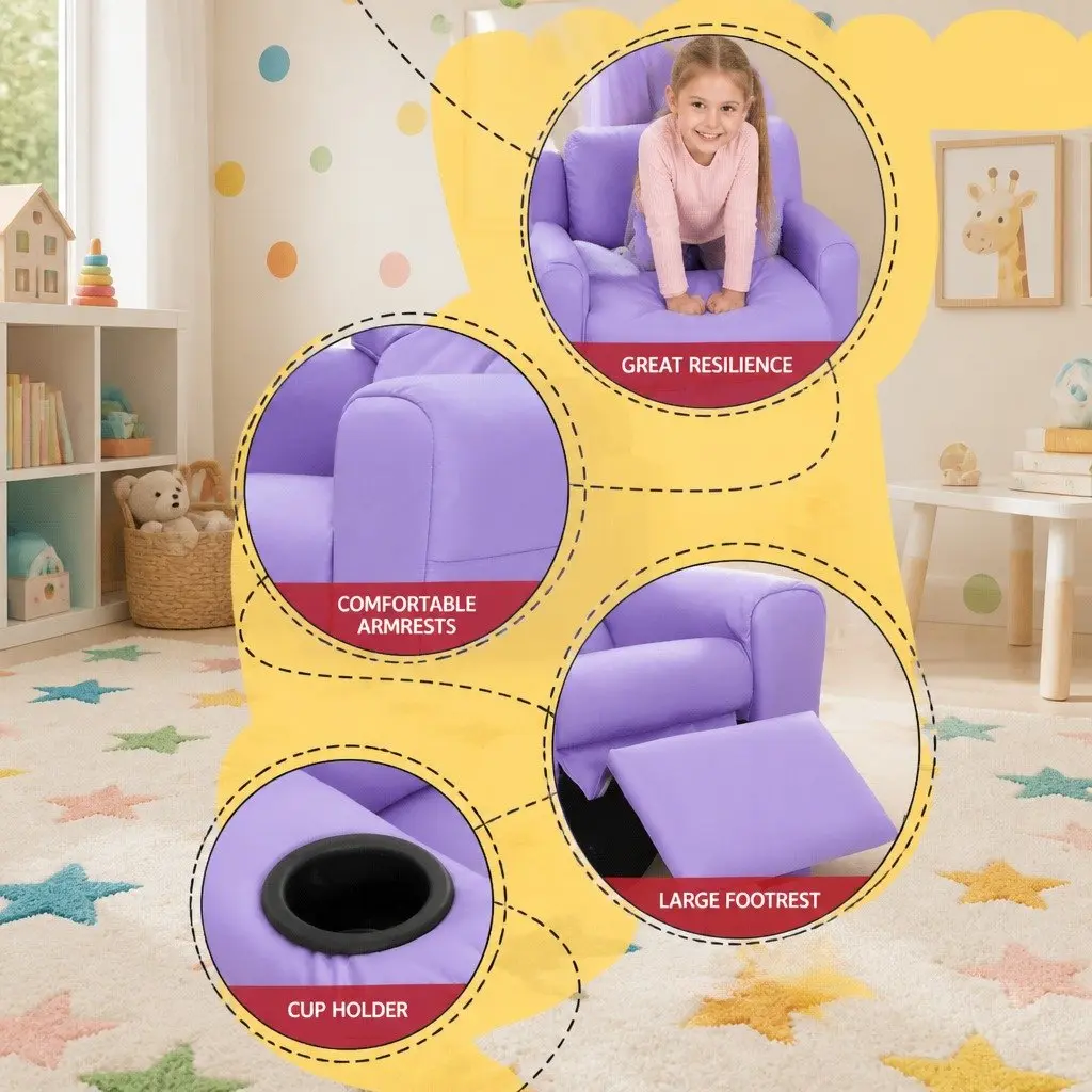 Kids Recliner Chair Purple PU Leather Sofa Lounge Couch Children Armchair Seat
