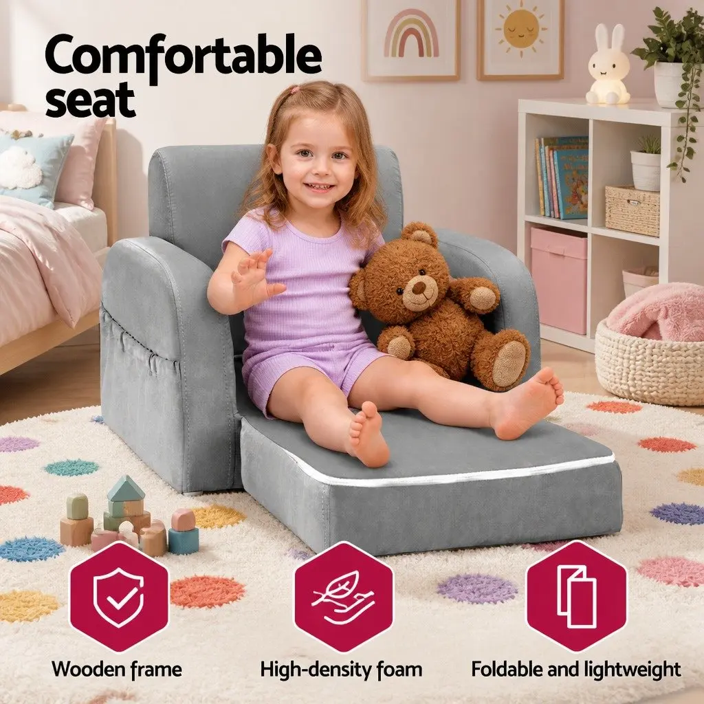 Kids Sofa 1 Seater Flip Open Couch Lounger Armchair Grey Children Furniture