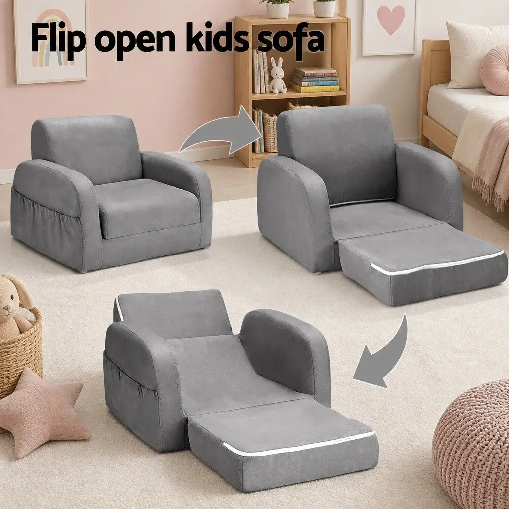 Kids Sofa 1 Seater Flip Open Couch Lounger Armchair Grey Children Furniture