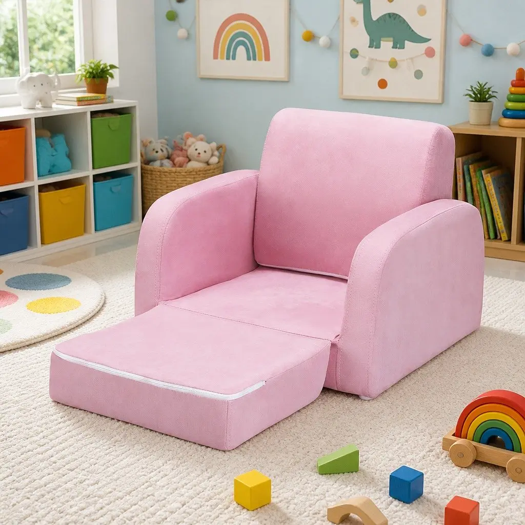 Kids Sofa Pink 1 Seater Flip Open Couch Lounger Chair High-Density Foam Removable Cover