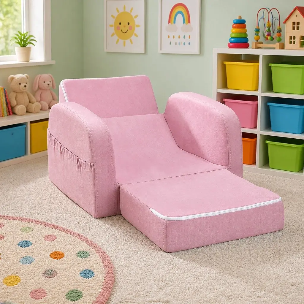 Kids Sofa Pink 1 Seater Flip Open Couch Lounger Chair High-Density Foam Removable Cover