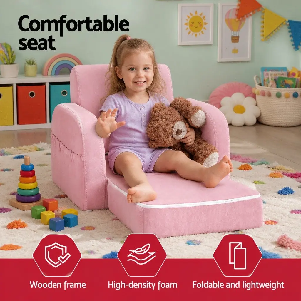 Kids Sofa Pink 1 Seater Flip Open Couch Lounger Chair High-Density Foam Removable Cover