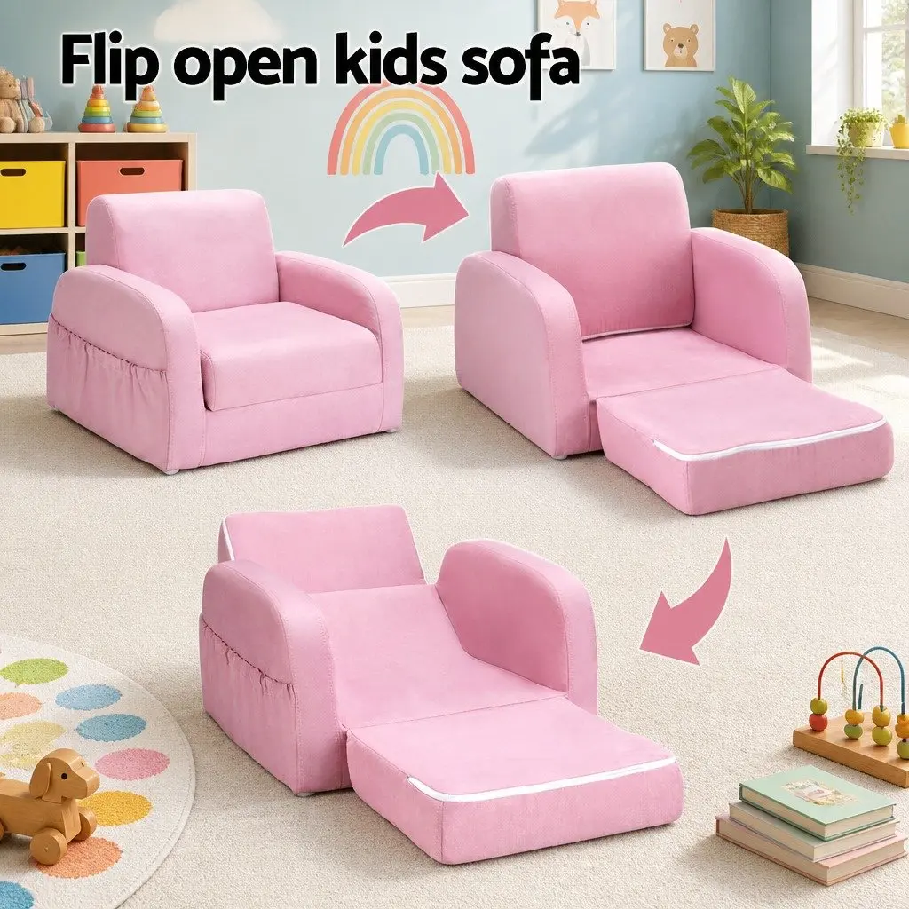Kids Sofa Pink 1 Seater Flip Open Couch Lounger Chair High-Density Foam Removable Cover