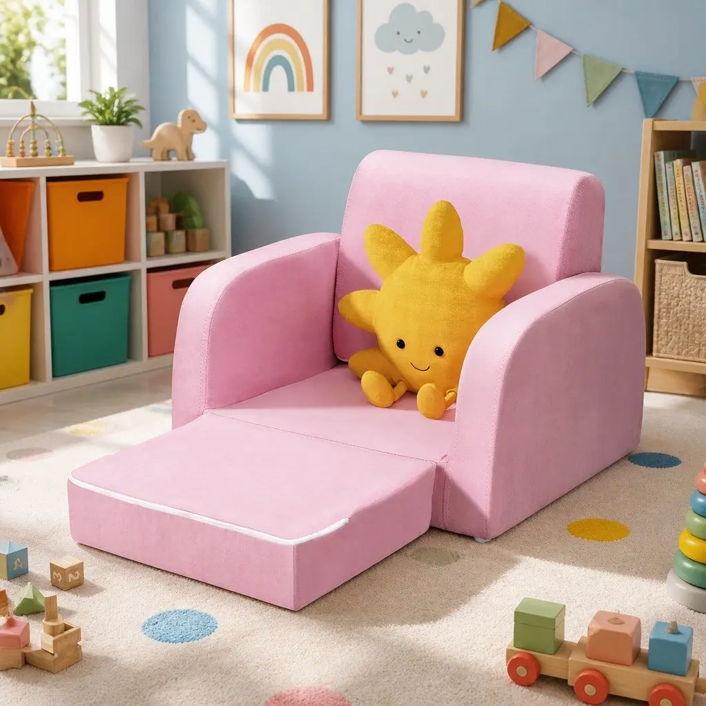 Kids Sofa Pink 1 Seater Flip Open Couch Lounger Chair High-Density Foam Removable Cover