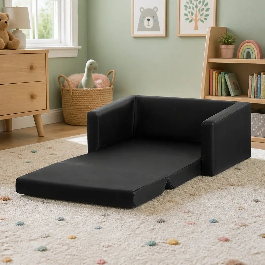 Kids Fold-Out Sofa Black 2 Seater Convertible Couch Armchair Lounge Chair