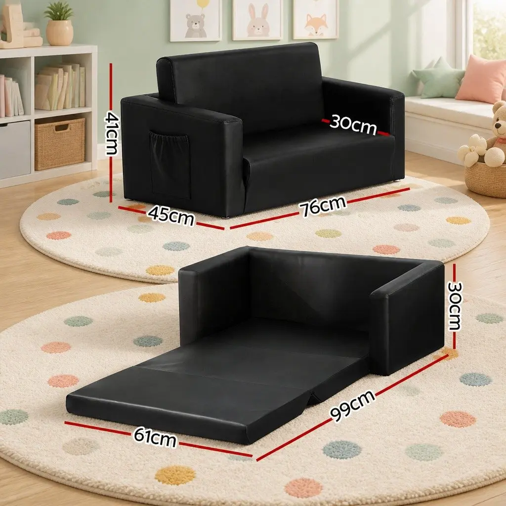 Kids Fold-Out Sofa Black 2 Seater Convertible Couch Armchair Lounge Chair