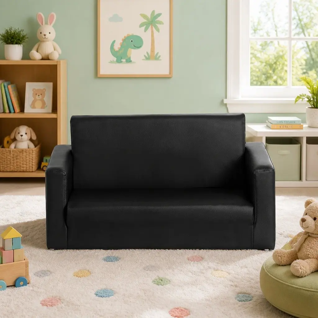 Kids Fold-Out Sofa Black 2 Seater Convertible Couch Armchair Lounge Chair