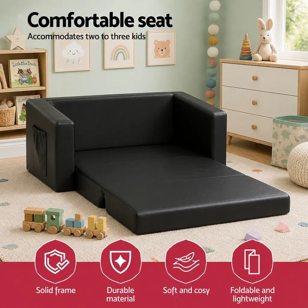 Kids Fold-Out Sofa Black 2 Seater Convertible Couch Armchair Lounge Chair