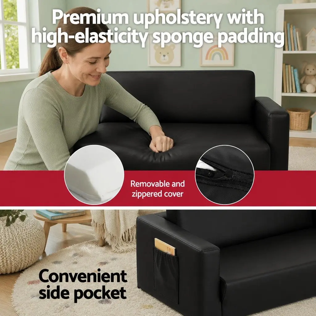 Kids Fold-Out Sofa Black 2 Seater Convertible Couch Armchair Lounge Chair
