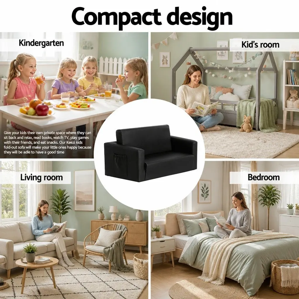 Kids Fold-Out Sofa Black 2 Seater Convertible Couch Armchair Lounge Chair