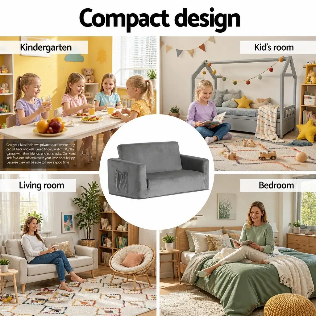 Kids 2 Seater Fold-Out Sofa Bed Convertible Couch Children Lounger Grey