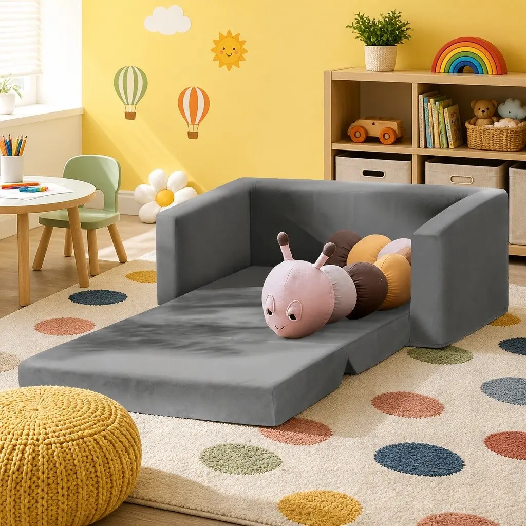 Kids 2 Seater Fold-Out Sofa Bed Convertible Couch Children Lounger Grey