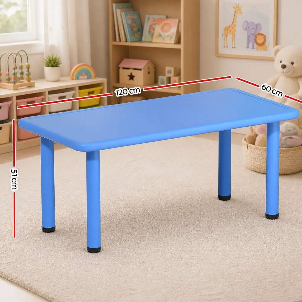 Kids Desk Blue 120x60cm Plastic Square Activity Table Indoor Outdoor Adjustable Feet